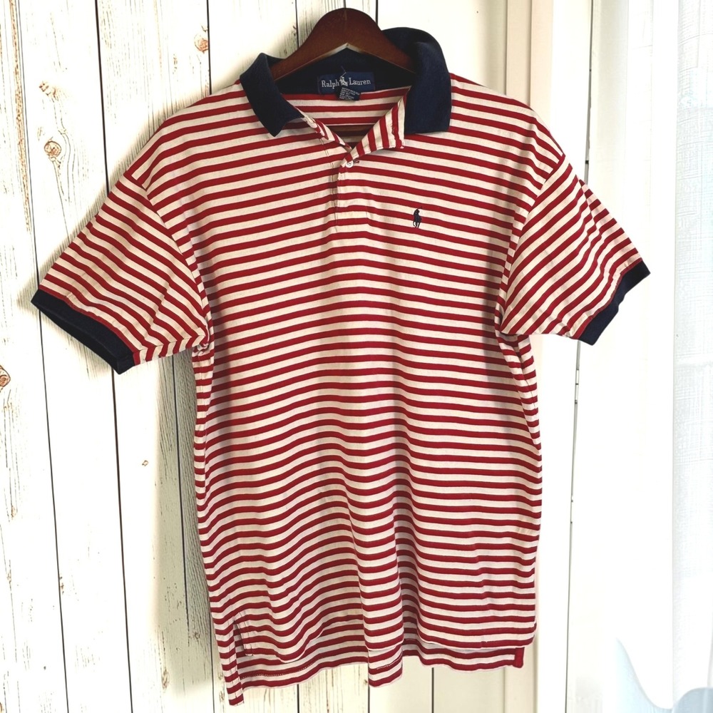 Vintage Polo Ralph Lauren L Red White Striped 100% Cotton Short Sleeve Shirt
